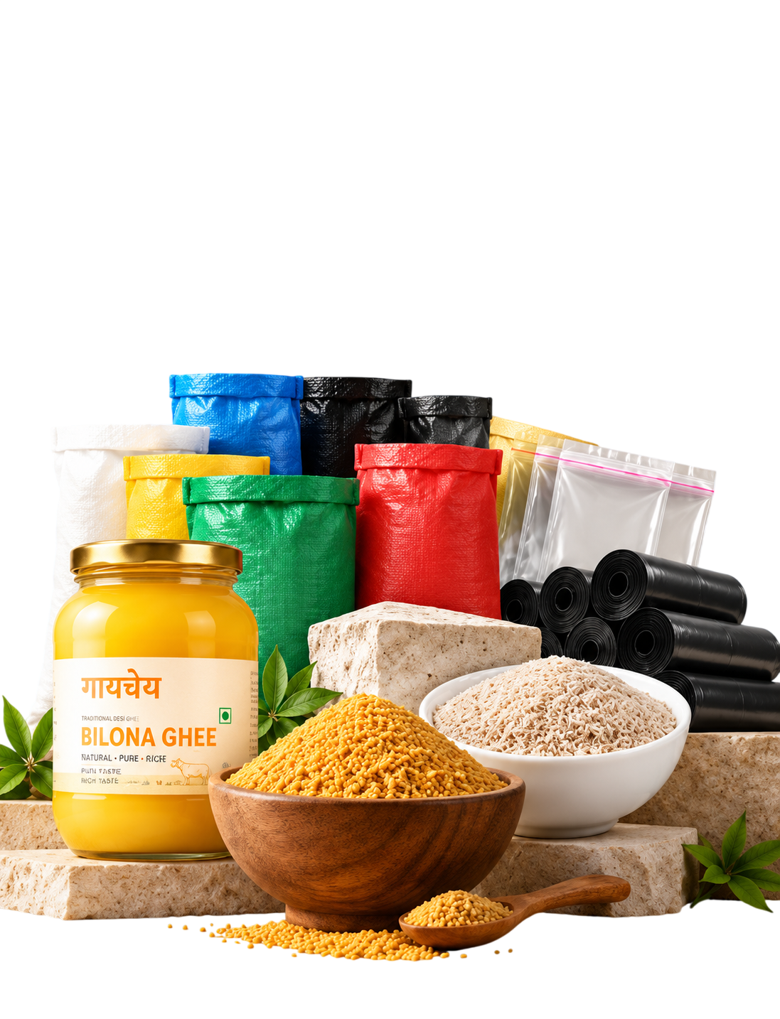 SLA International transparent packaging, ghee and grain product assortment