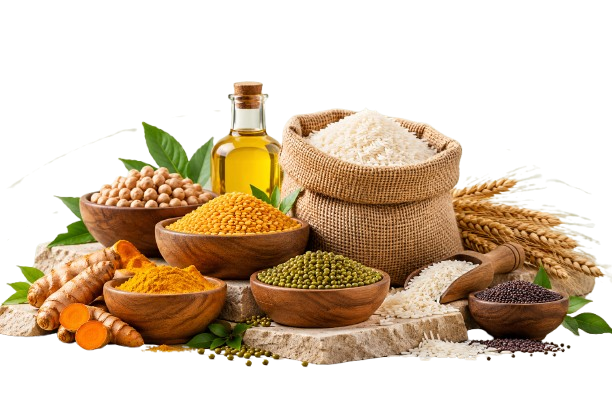 Transparent wide cutout of rice, pulses, turmeric, wheat and cooking oil